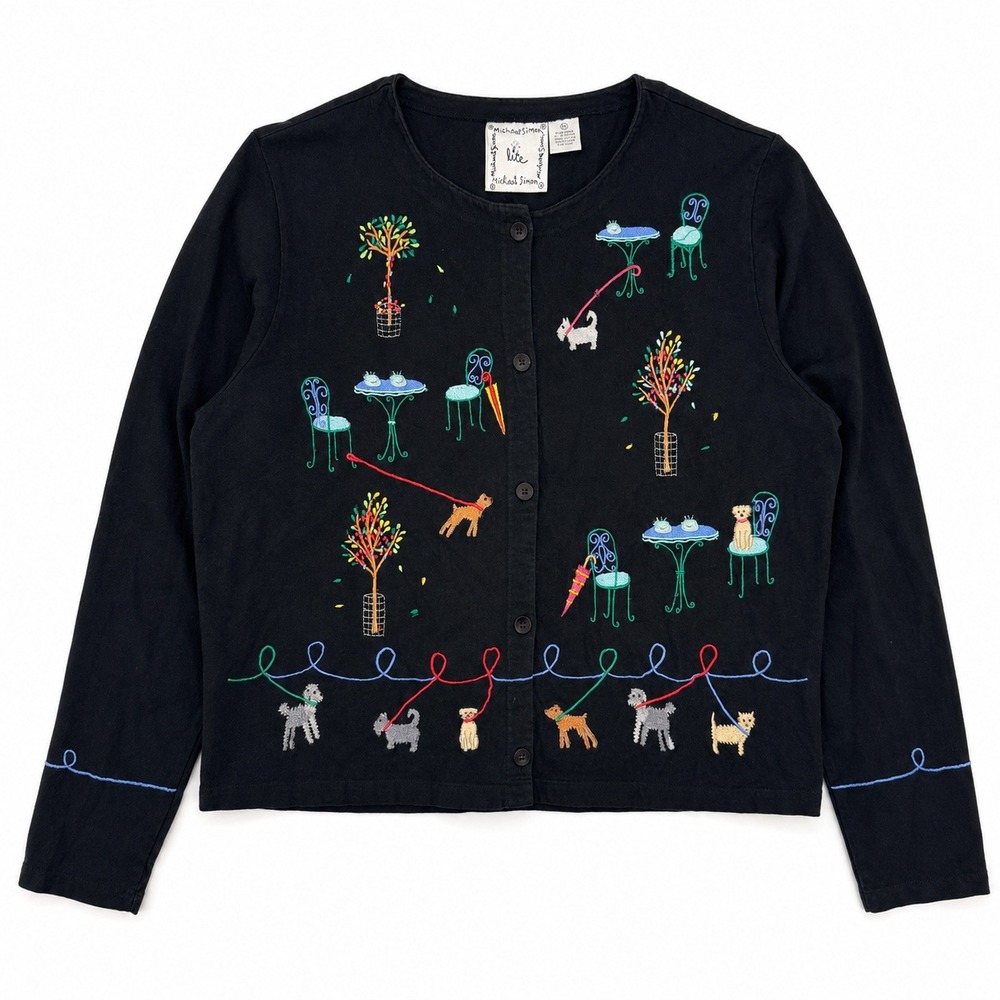 Michael Simon Vtg 90s Cardigan Dog Paris Cafe Bistro Novelty Animal Whimsical L